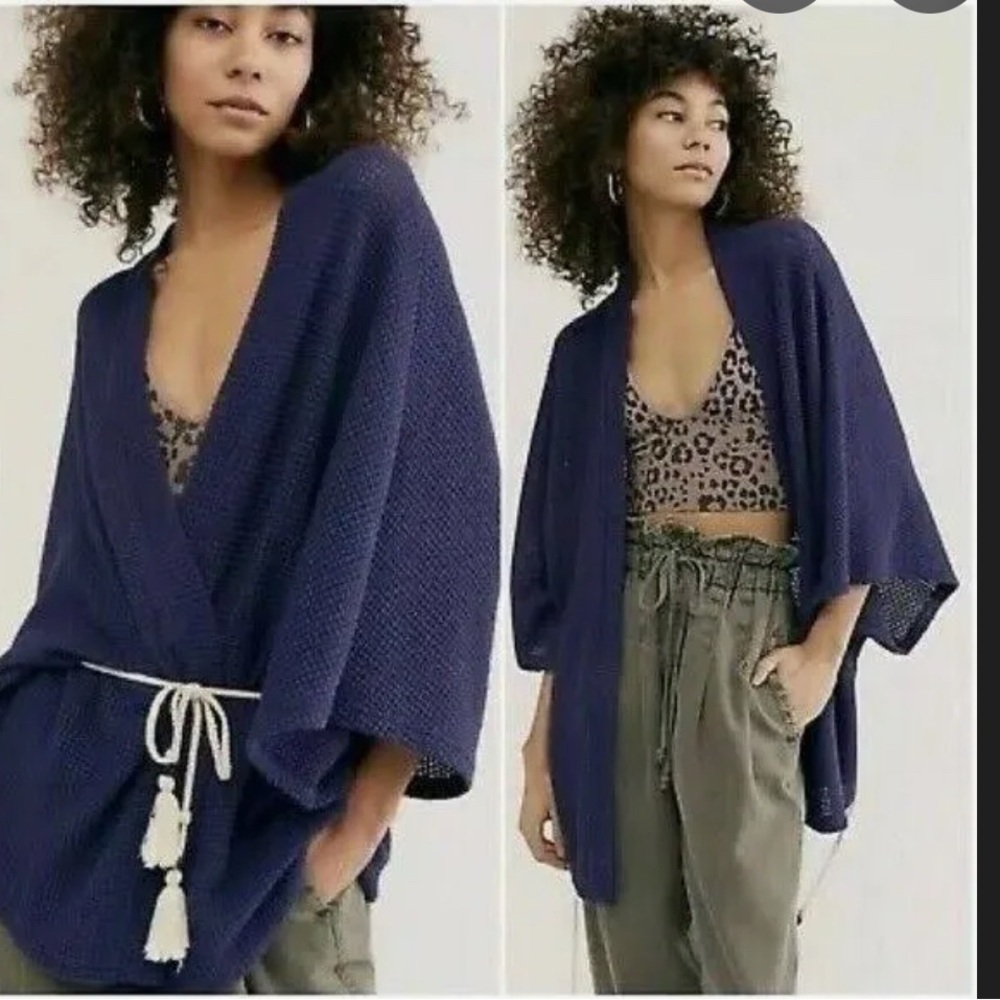 Free People Caravan Waffle Knit Blue Kimono One Size Fits All.